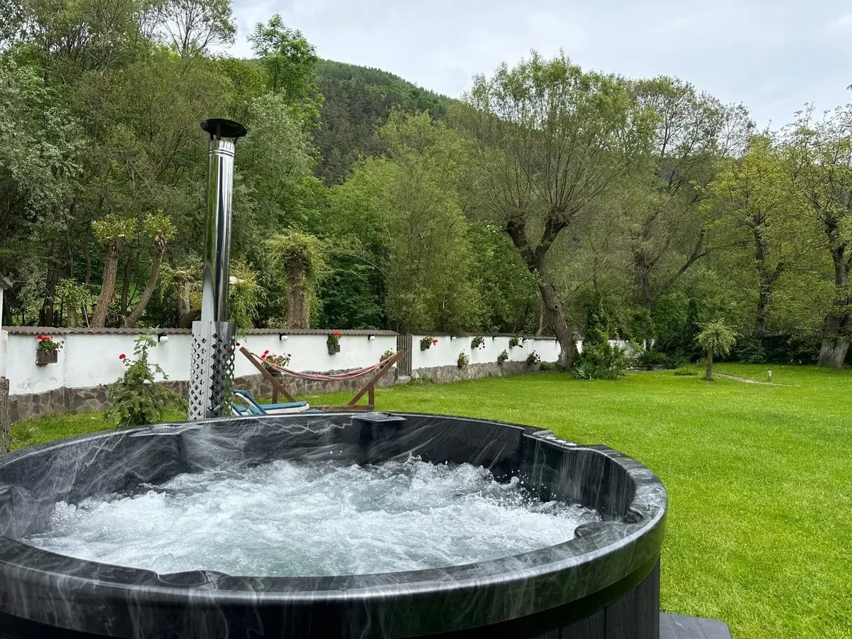 Ciubărul cu hidromasaj, în curtea Vilei Silvana, cu dealul împădurit în fundal